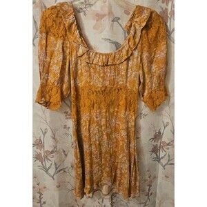 NWT Free People Luci Lace Floral Dress Cut Out Back Yellow Mustard Pink Size 4